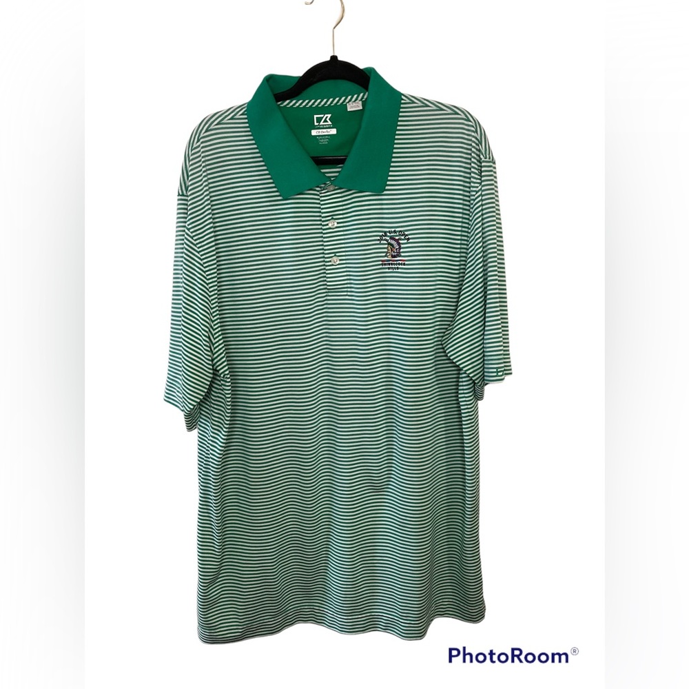 Cutter&Buck green and white striped short sleeve golf polo. 2018 U.S. Open. XLT
